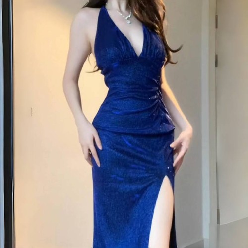高级感晚宴蓝色礼服长裙连衣裙