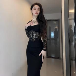 鱼尾裙 连衣裙女秋冬高级礼服长裙性感修身 GirlsAt18 黑色蕾丝长袖