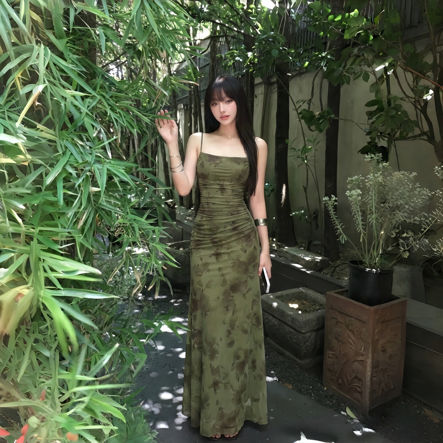 GirlsAt18 绿色网纱性感吊带连衣裙女夏季中式复古修身包臀长裙