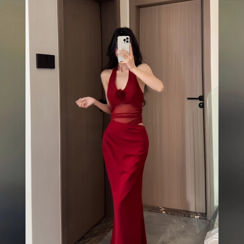 GirlsAt18 红色网纱挂脖连衣裙女夏季性感露腰气质修身礼服长裙子