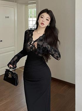 GirlsAt18 性感黑色蕾丝长袖连衣裙女高级御姐修身包臀裙礼服长裙