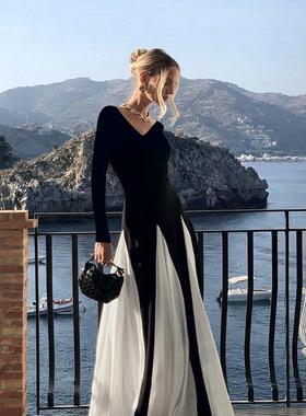 GirlsAt18 法式复古黑色长袖连衣裙女秋冬高级气质修身晚礼服长裙