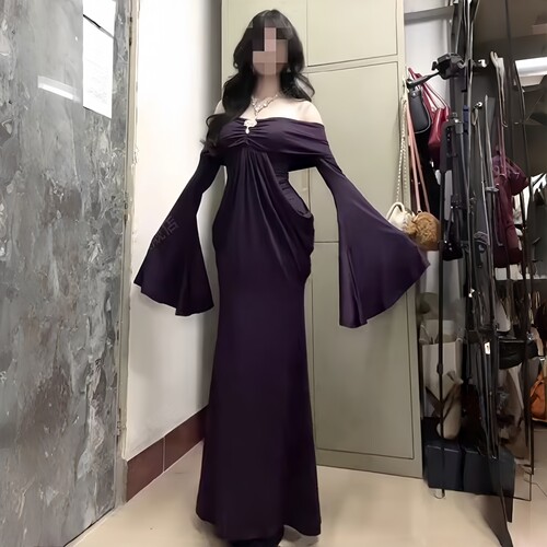 GirlsAt18 紫色一字肩长袖连衣裙女秋冬法式性感气质修身礼服长裙