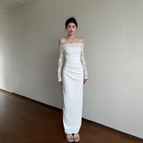 GirlsAt18 性感一字肩蕾丝长袖连衣裙女秋季气质修身白色礼服长裙