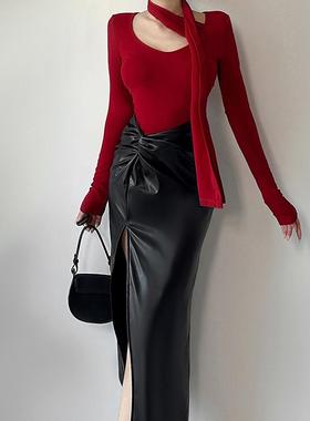 GirlsAt18 性感辣妹收腰红色上衣女秋冬新款开叉半身皮裙长裙套装
