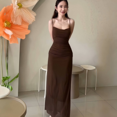 GirlsAt18 性感修身吊带连衣裙女夏季2025气质露背网纱包臀长裙