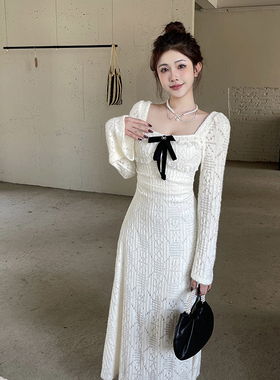 GirlsAt18 法式高级蕾丝白色长袖连衣裙女秋季生日裙子气质长裙