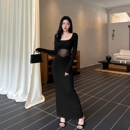 针织长裙 性感气质修身 GirlsAt18黑色U领网纱拼接长袖 连衣裙女秋季