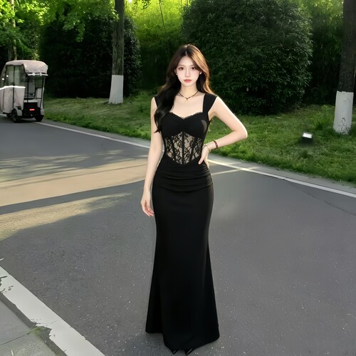 GirlsAt18 性感黑色蕾丝吊带连衣裙女夏季法式高级感气质修身长裙