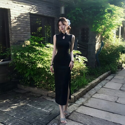 GirlsAt18 黑色新中式改良旗袍无袖镂空连衣裙女夏季气质修身长裙
