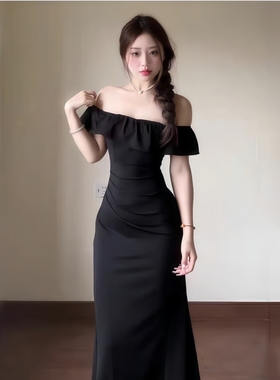 GirlsAt18 法式黑色一字肩连衣裙女高级性感气质生日礼服鱼尾长裙