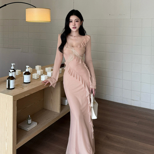 气质修身 GirlsAt18粉色蕾丝拼接V领长袖 法式 新款 长裙 连衣裙女秋季