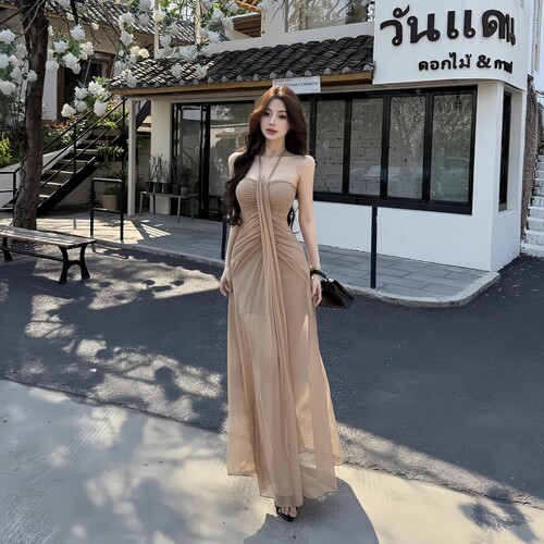 GirlsAt18 法式性感抹胸网纱连衣裙女夏季度假风御姐气质收腰长裙