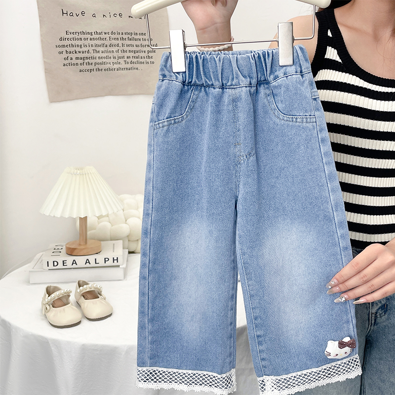 秋上新女童牛仔裤洋气宽松阔腿裤女宝宝春秋季百搭可爱直筒长裤子