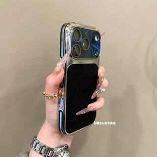 带镜头膜CD荔枝皮纹适用苹果17promax手机壳新款 iPhone16pro轻奢17电镀15pro大视窗14简约全包防摔13保护套女