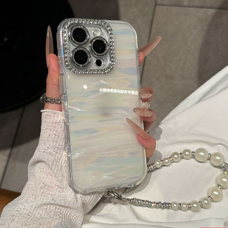镶钻带镜头膜适用苹果16promax手机壳16新款iPhone15pro高颜值贝壳纹14带手链绳13轻奢少女全包12pro保护套