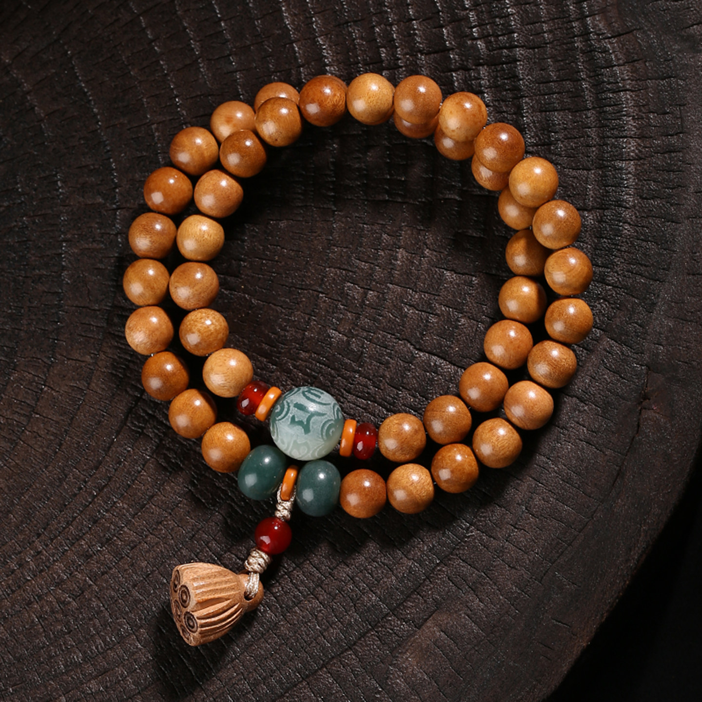 สร้อยข้อมือไม้พีชป่าสำหรับผู้หญิง สร้อยข้อมือแบบวงแหวนคู่ ลูกประคำไม้พระพุทธศาสนา เครื่องประดับเพื่อความสงบและปกป้อง