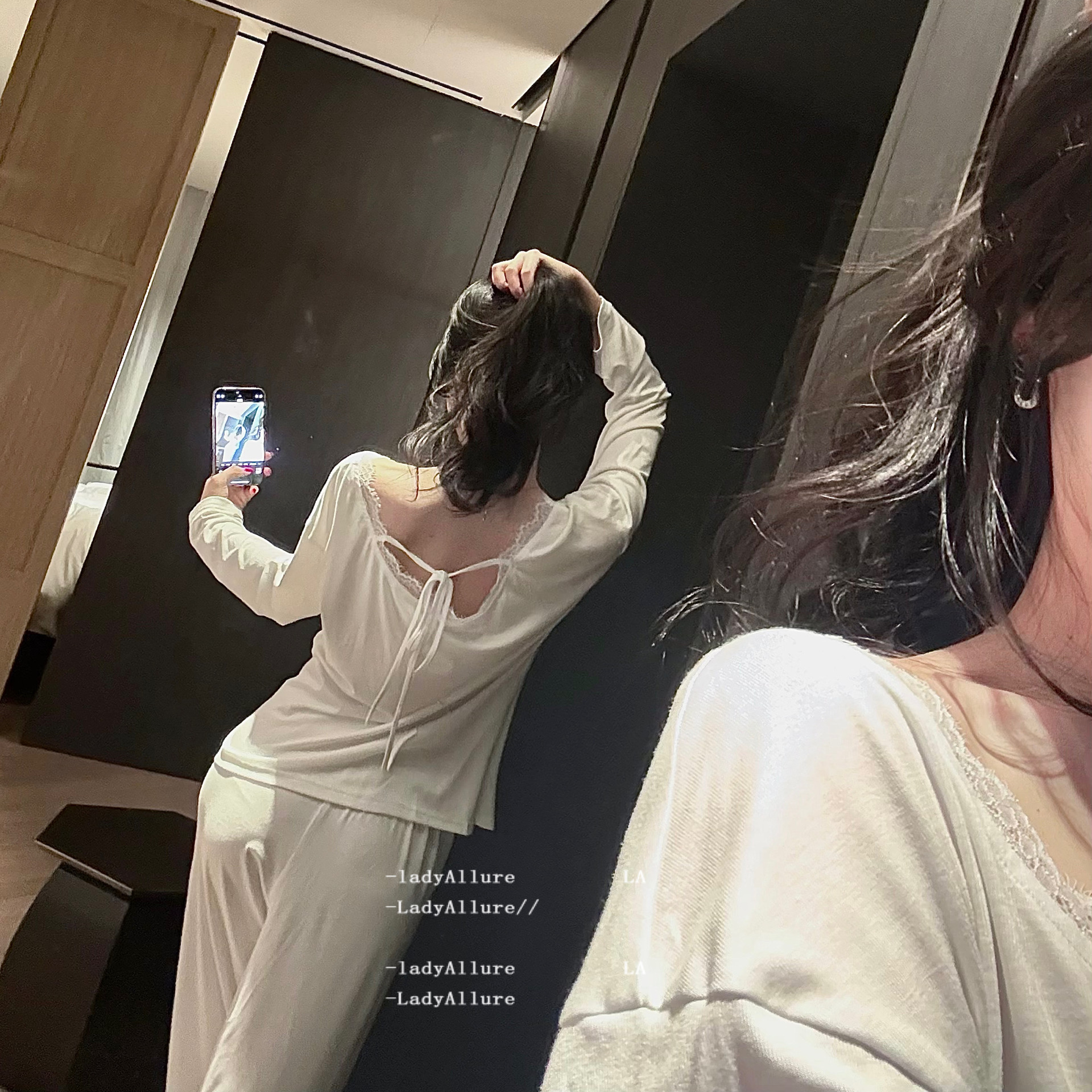 「LA」温柔俗常*原创松弛纯欲性感蕾丝t长袖莫代尔睡衣家居服套装