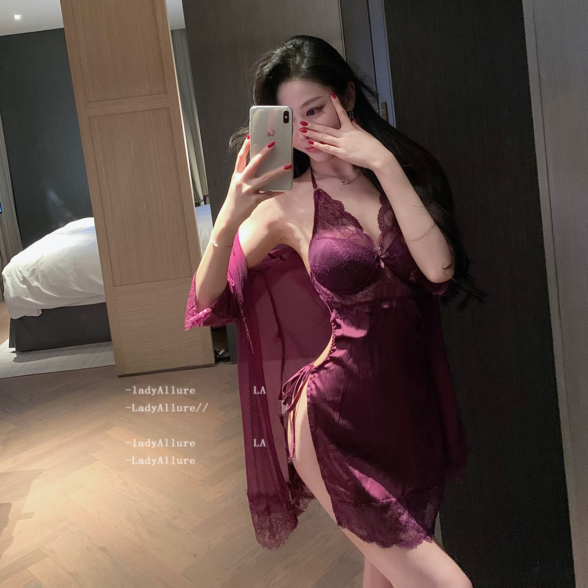 「LA」望眼欲穿&欲焰系列*性感紫色网纱禁欲系深V吊带睡裙套装女