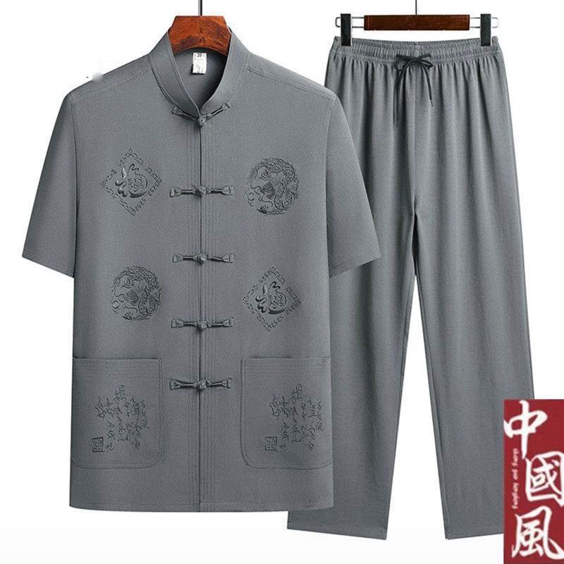 ~点击率中国风刺绣唐装夏季中老年套装中式宽松男纯色绣花爸爸装