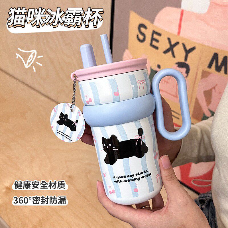 可爱保温杯女桌面杯高颜值吸管杯办公室水杯不锈钢保冷杯学生水壶