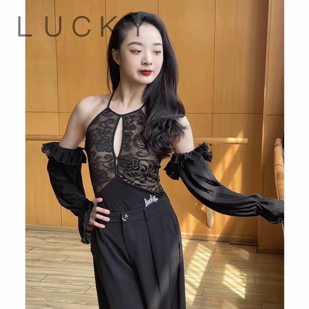 lucky027挂脖交叉美背连体衣蕾丝泡泡袖上衣长袖黑色超仙女
