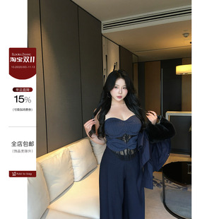 大小姐“干练主义”高智感鱼骨蕾丝抹胸+系带衬衫+西装裤微胖套装