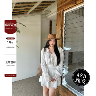 大小姐微胖大码“半岛弥香”胖mm法式风V领蕾丝镂空收腰连衣裙夏