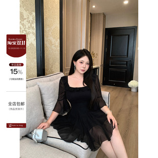 大小姐“半熟恋人”法式方领五分喇叭袖网纱连衣裙微胖收腰小黑裙