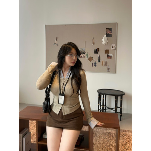 假两件拼接衬衫领长袖针织衫