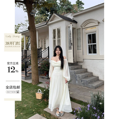 法式气质一字肩吊带长裙抹胸礼裙