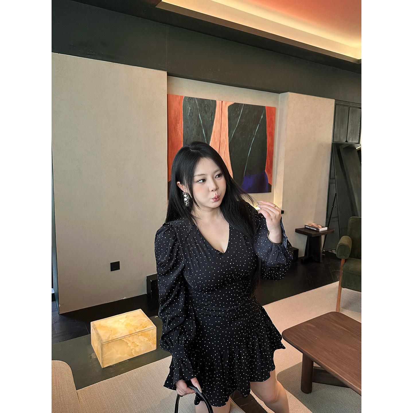 【大小姐】“千禧波点”黑色波点飘带雪纺早春法式独特长袖连衣裙