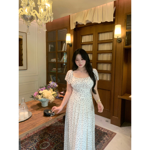 大小姐微胖大码胖mm“香颂圆点”法式方领波点收腰显瘦连衣裙夏季