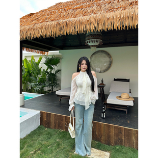 气质挂脖露肩雪纺衬衫 春夏法式 上衣女 雪顶银盐 大小姐微胖大码