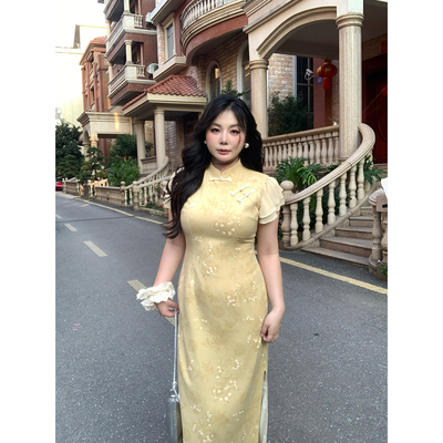 气质复古黄色印花旗袍连衣裙