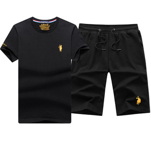 拉尔伦保罗男士圆领短袖T恤休闲运动套装夏季松紧腰短裤男薄款