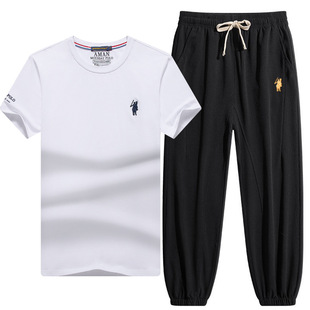 正品拉尔伦保罗男士休闲运动套装夏季短袖T恤宽松大码松紧腰长裤