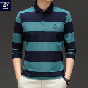 卡伦鲸保罗冬季 打底t恤上衣男潮 加厚圆领卫衣翻领条纹polo衫 男士