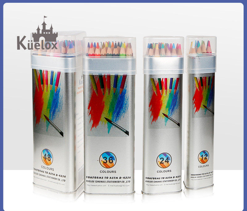 高尔乐KUELOX水溶彩色铅笔 48色36色24色水溶彩铅三角金属桶装 铁盒彩铅