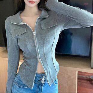 美式灰色高级感2024秋季外套女设计感修身显瘦开衫辣妹纯欲短上衣
