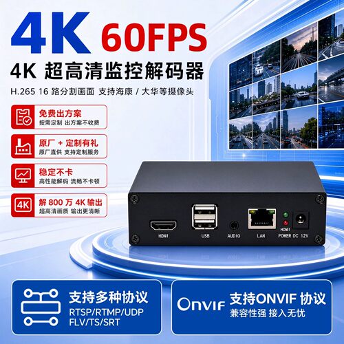 4K60Hz超高清监控解码器 H.26516 路分割画面 支持海康、大华