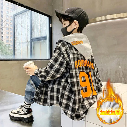 男童加绒衬衫2022新款男宝宝加厚衬衣男孩秋冬季保暖衣服宽松潮韩