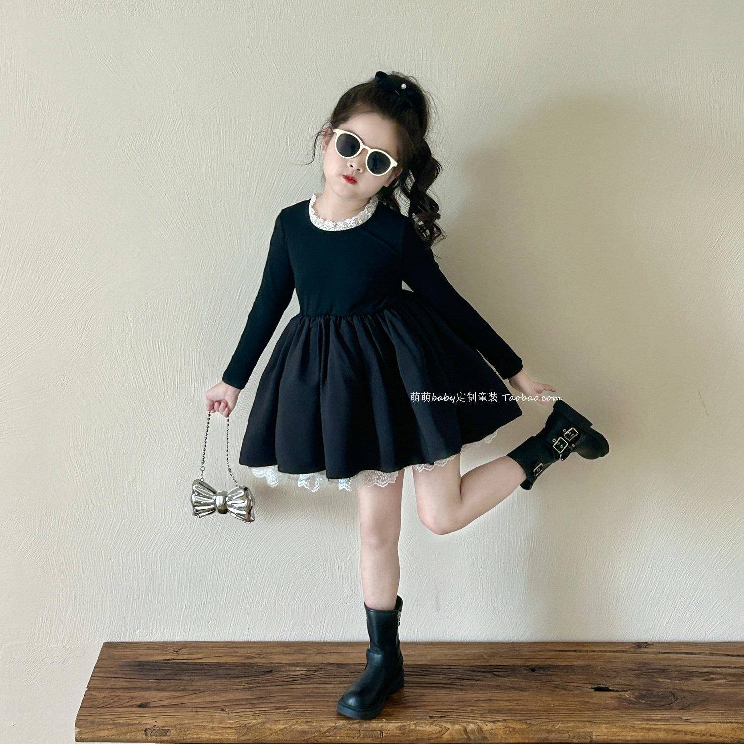黑女童色长袖季连衣裙蕾丝拼接蓬蓬裙2026秋款韩系新小女孩ABZ公