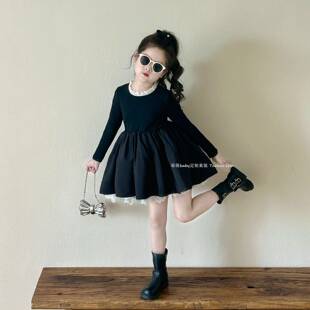 黑女童色长袖季连衣裙蕾丝拼接蓬蓬裙2026秋款韩系新小女孩ABZ公