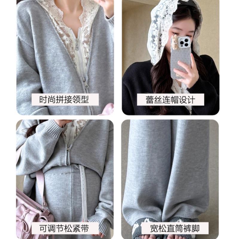 孕妇秋冬款蕾丝拼接闲连帽上衣阔腿裤慵懒风套装2新2GNY5年休百搭