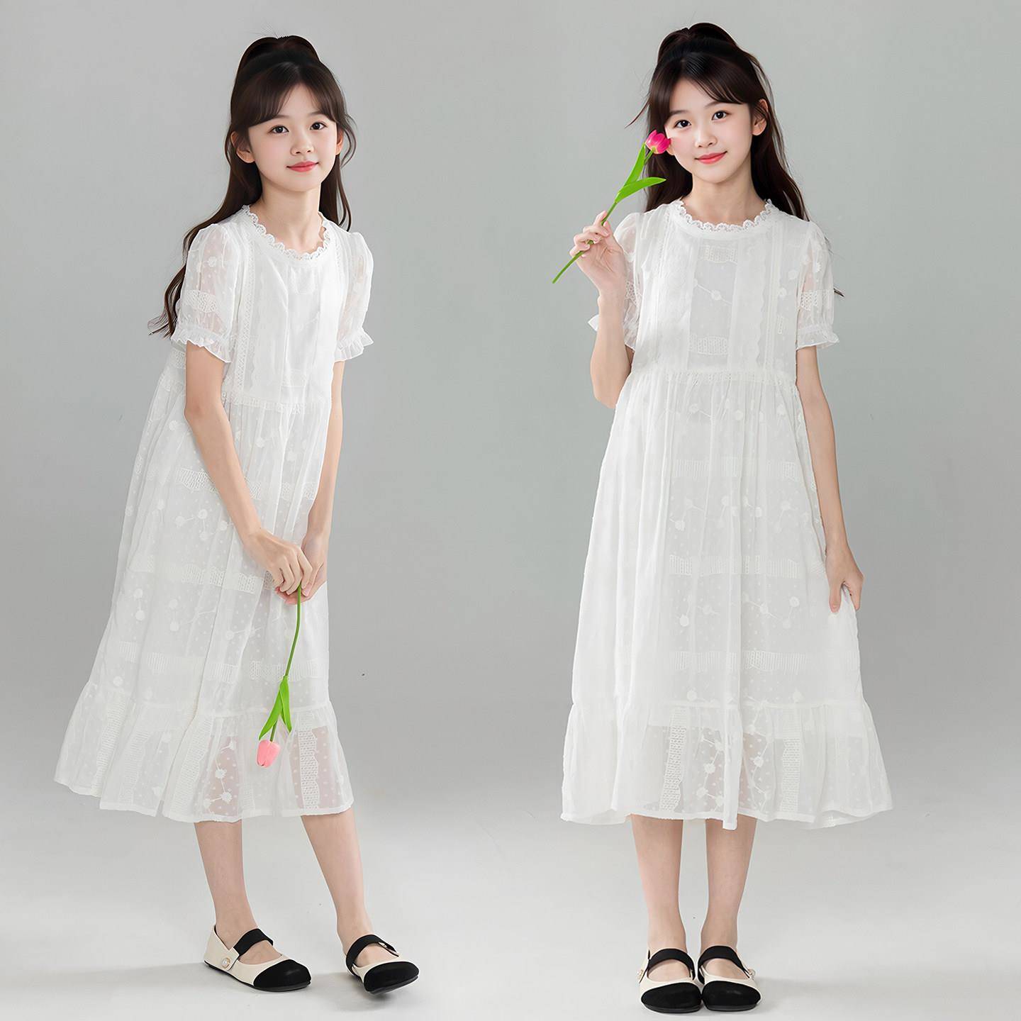 童白色蕾丝衣连裙季20AN631926新款中大童绝美法式公主夏裙雪纺女