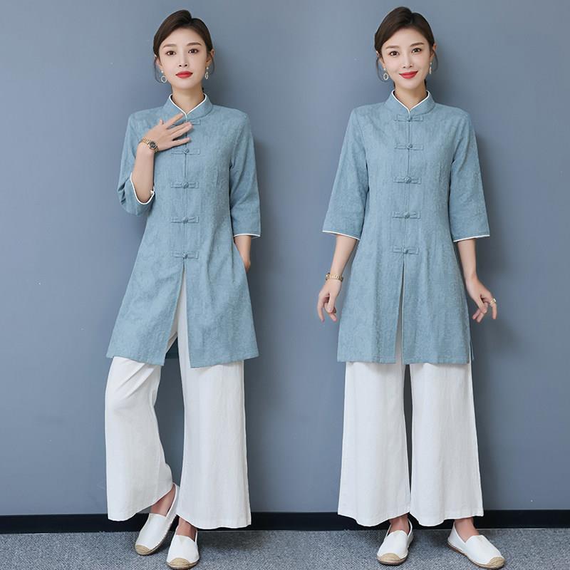 采耳装工作服汉服中式茶服套装禅意女茶艺师唐中国风装改良旗袍师