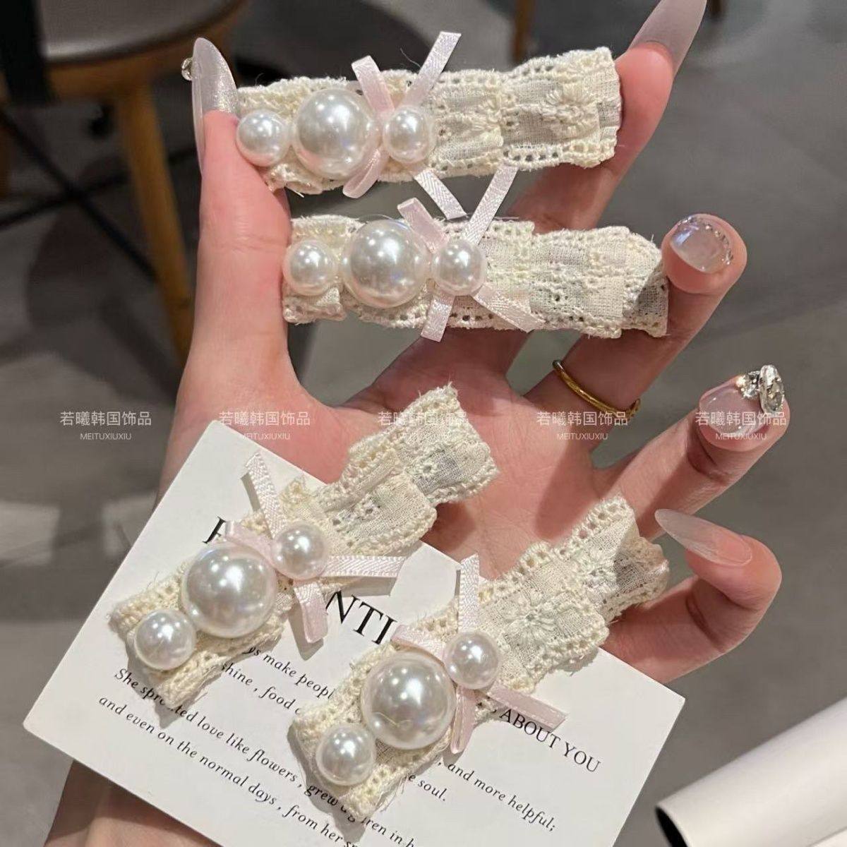 法式珍珠蕾丝蝴蝶结发夹高级侧边碎发刘海鸭嘴头饰发饰发卡夹子