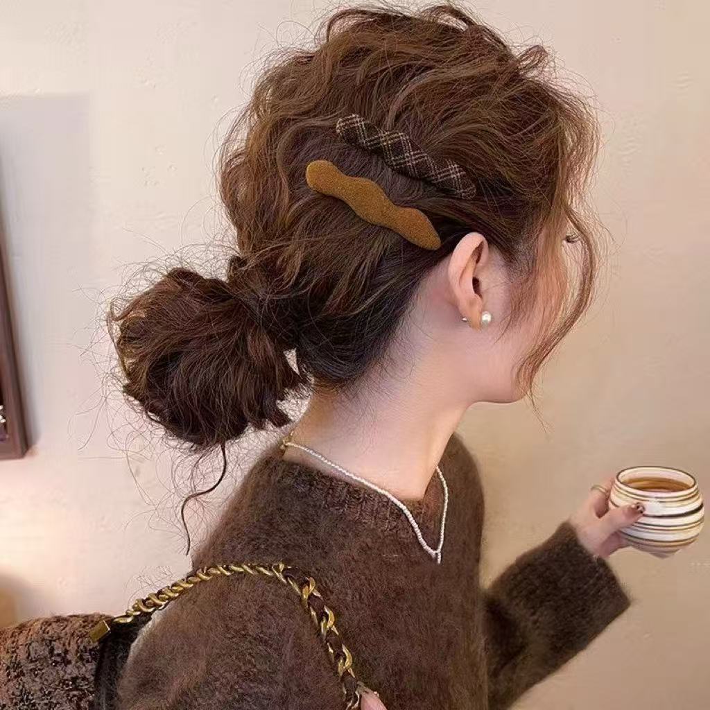 毛呢格纹波浪发夹女侧边夹前额碎发刘海夹子2025新款头饰高端发卡