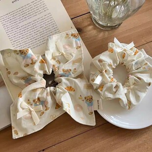 原创手作可爱奶油黄小熊蝴蝶结方巾大肠发圈少女发绳发饰星星超仙